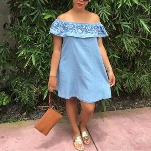 Arizona Jean Co Off The Shoulder Denim Dress With Embroidery Women Size M